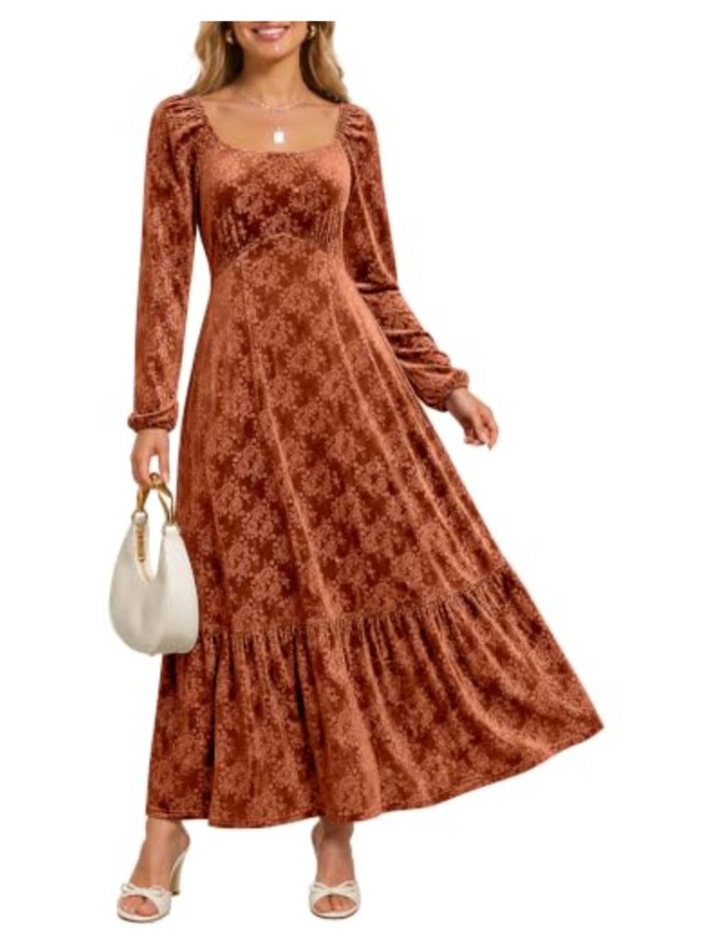 Velvet Floral Maxi Dress Long Bishop Sleeve Formal Evening